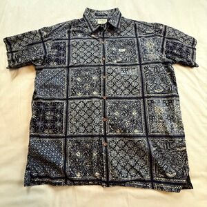 Hilfiger Surf Co. Mens L Blue Paisley Patchwork Button Up‎ Short Sleeve Shirt